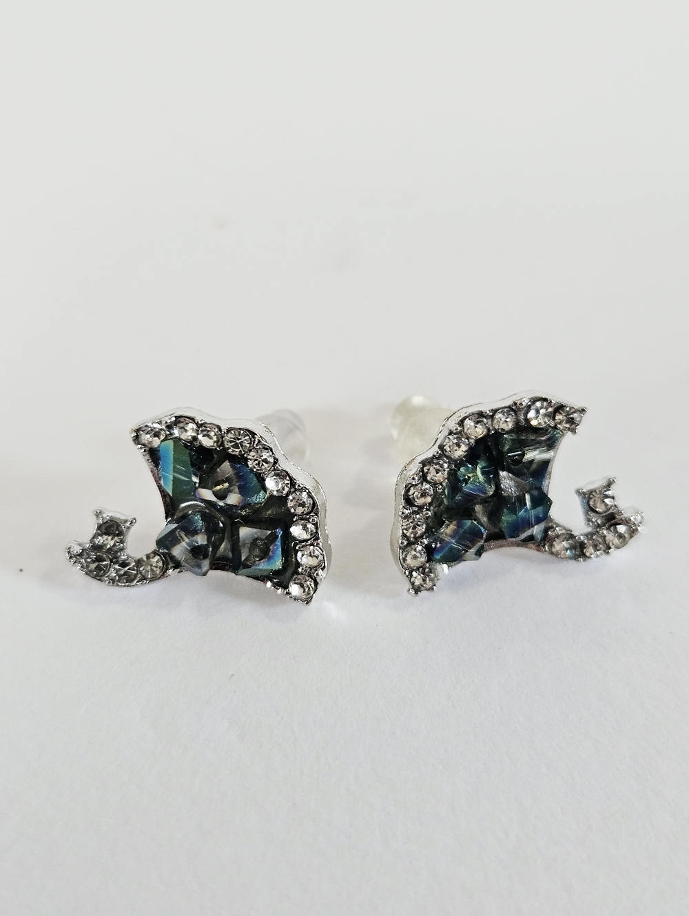 Aura Quartz Crystal Rhinestone Studded Gingko Leaf 925 Silver Signed Earrings